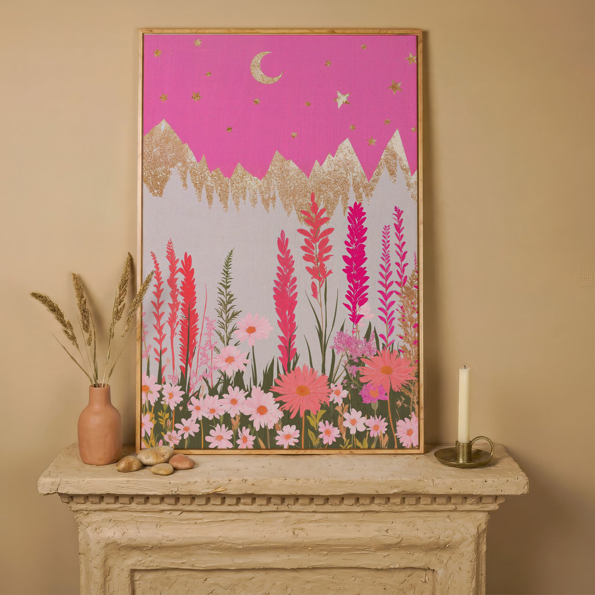 Pink Floral Landscape with Gold Moon Canvas in white oak floating frame