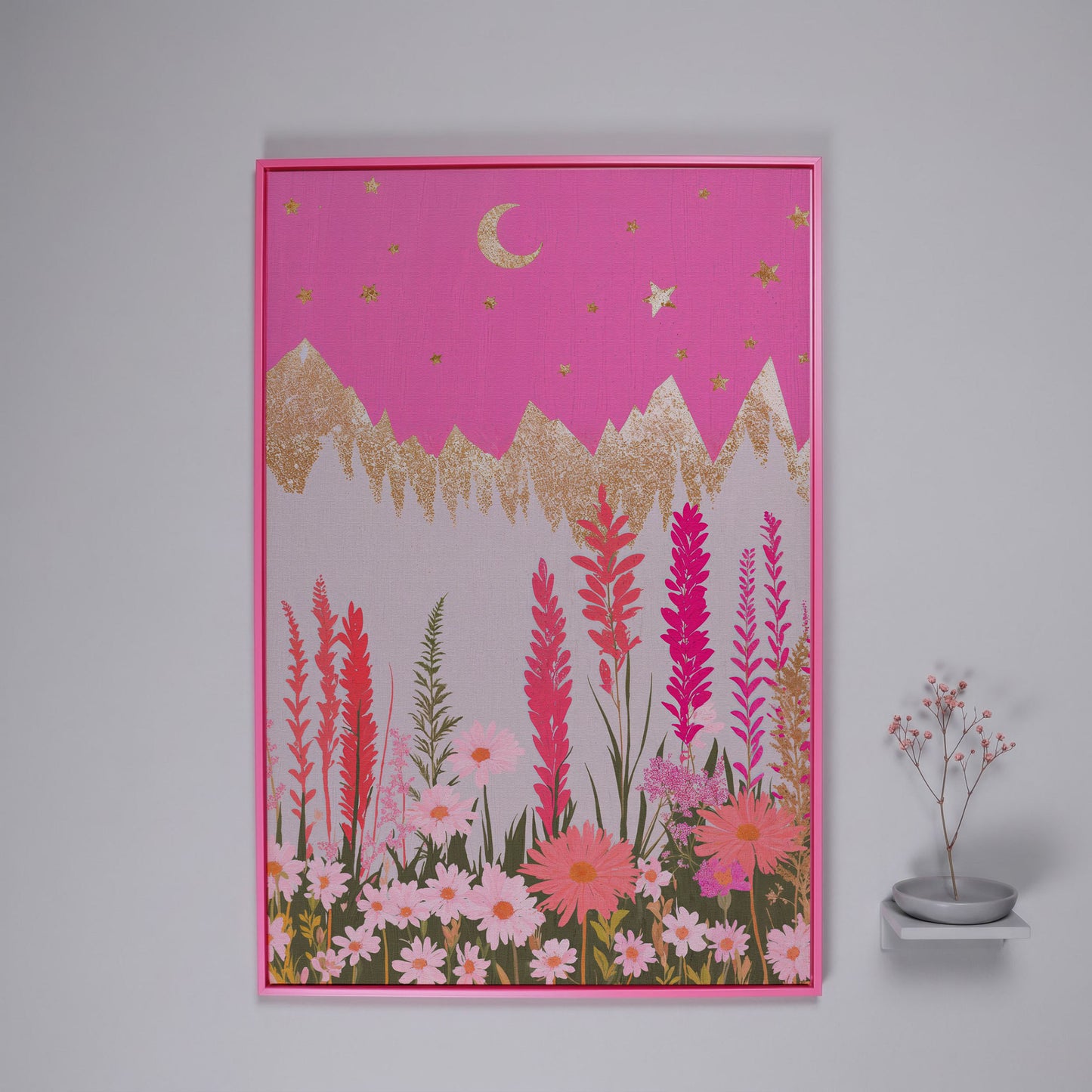 Pink Floral Landscape with Gold Moon Canvas in pink floating frame