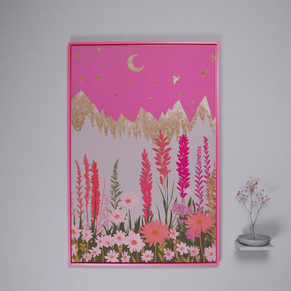Pink Floral Landscape with Gold Moon Canvas in pink floating frame