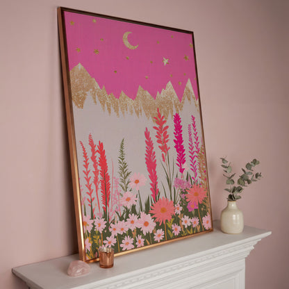 Pink Floral Landscape with Gold Moon Canvas in rose gold floating frame