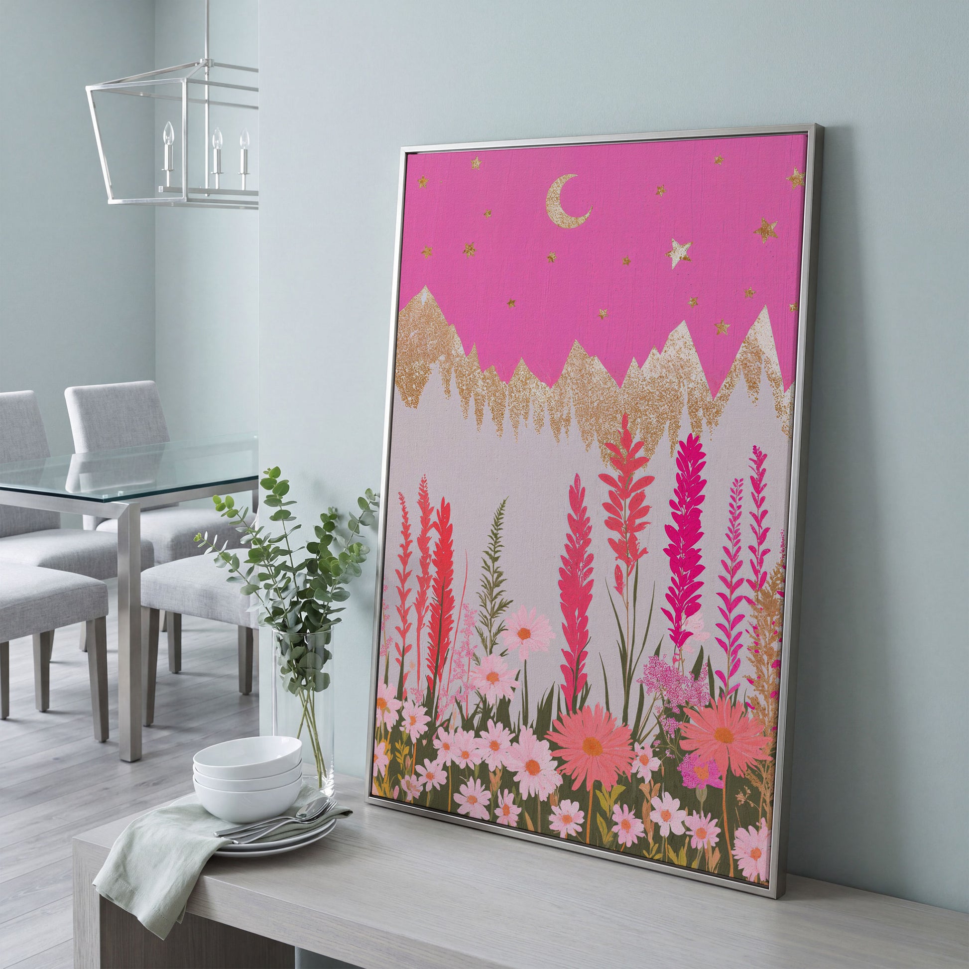 Pink Floral Landscape with Gold Moon Canvas in silver floating frame
