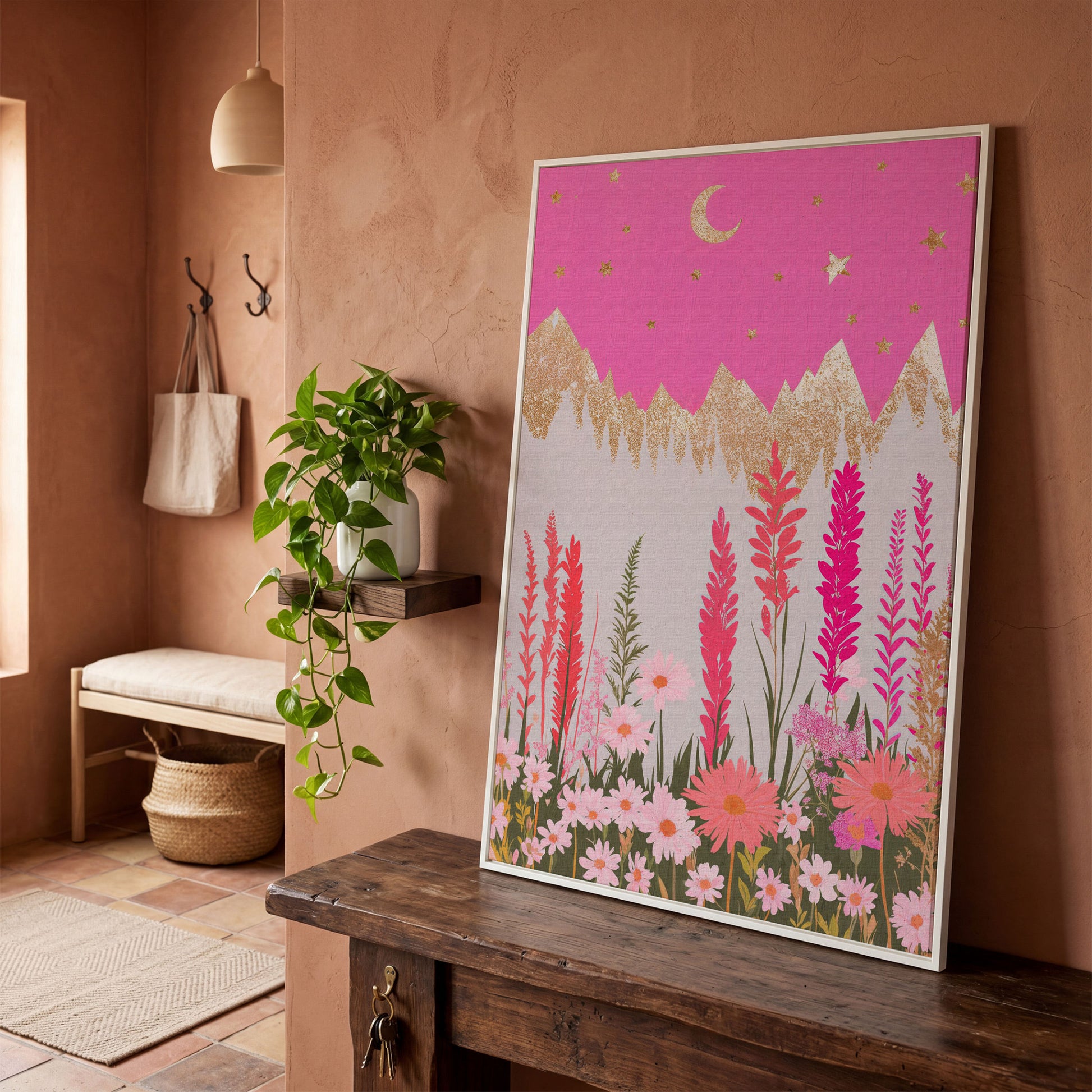 Pink Floral Landscape with Gold Moon Canvas in white floating frame