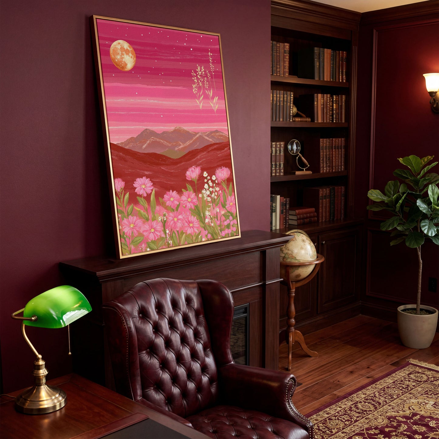 Pink Mountain Landscape Canvas in antique gold floating frame