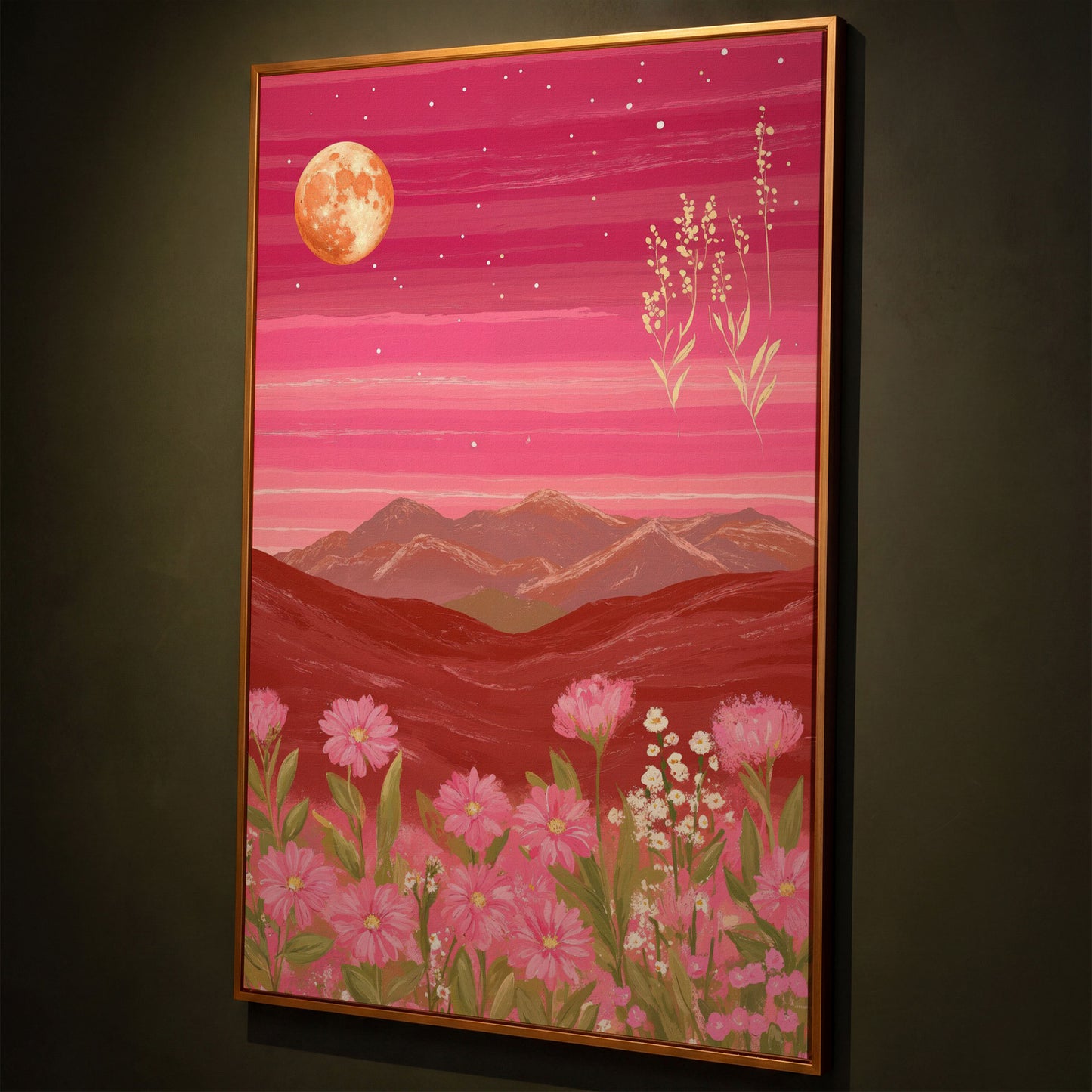 Pink Mountain Landscape Canvas shown in antique gold floating frame