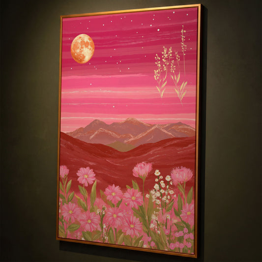 Pink Mountain Landscape Canvas shown in antique gold floating frame