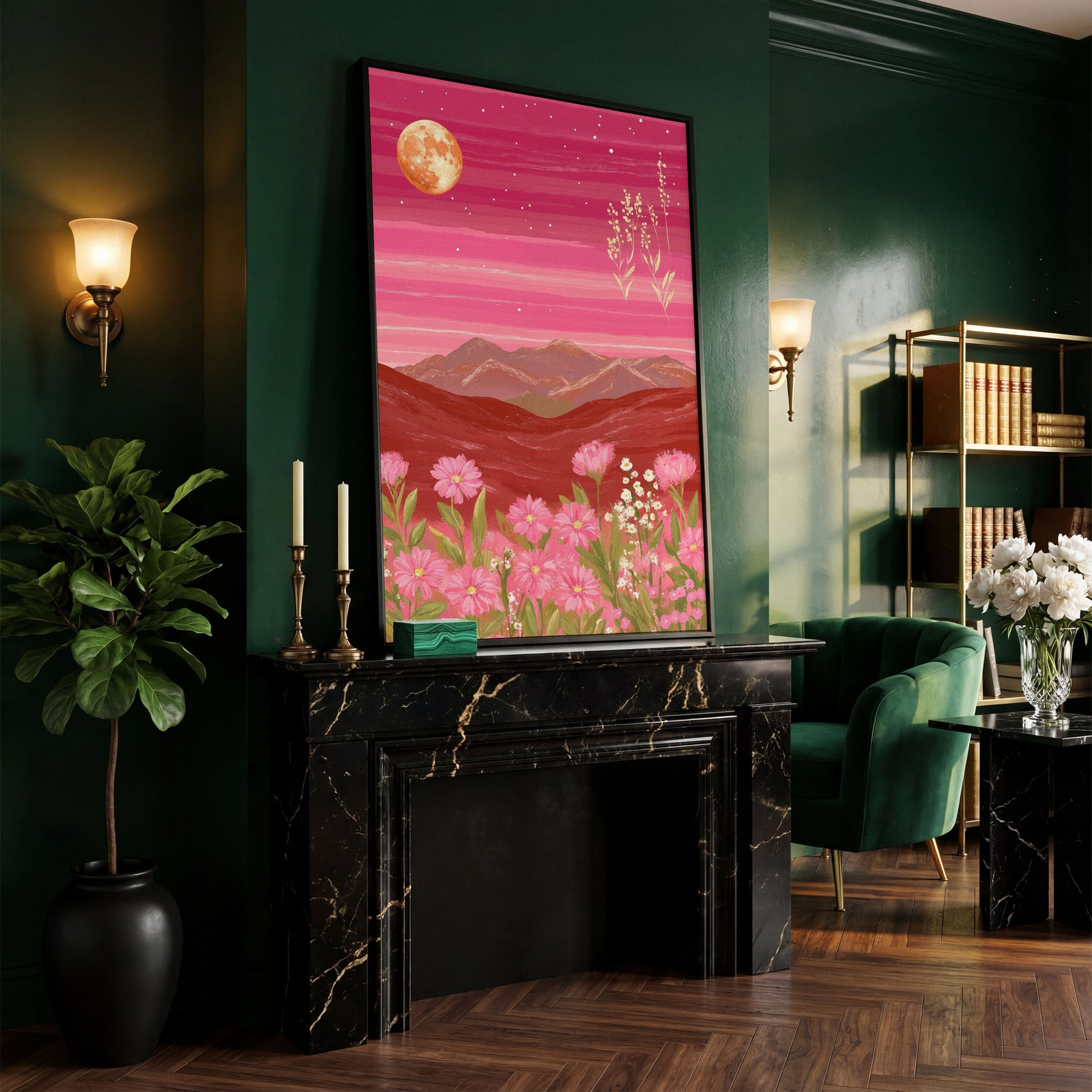Pink Mountain Landscape Canvas in black floating frame