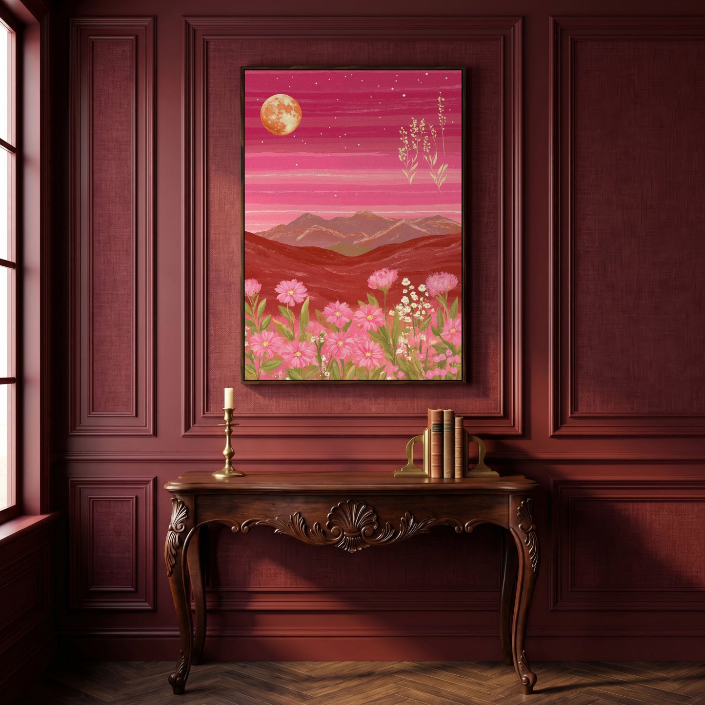 Pink Mountain Landscape Canvas in dark walnut floating frame