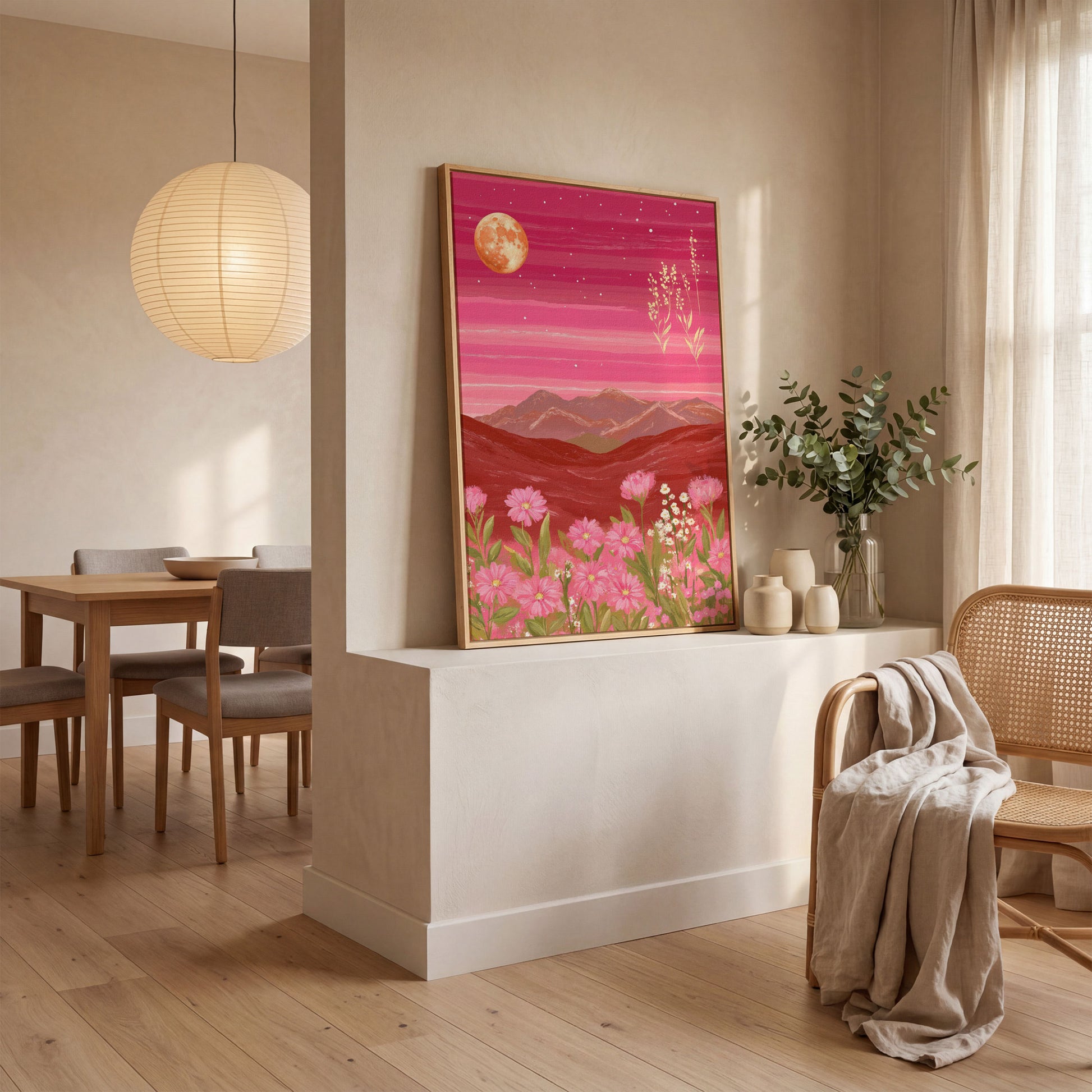 Pink Mountain Landscape Canvas in white oak floating frame