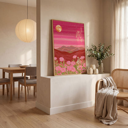 Pink Mountain Landscape Canvas in white oak floating frame