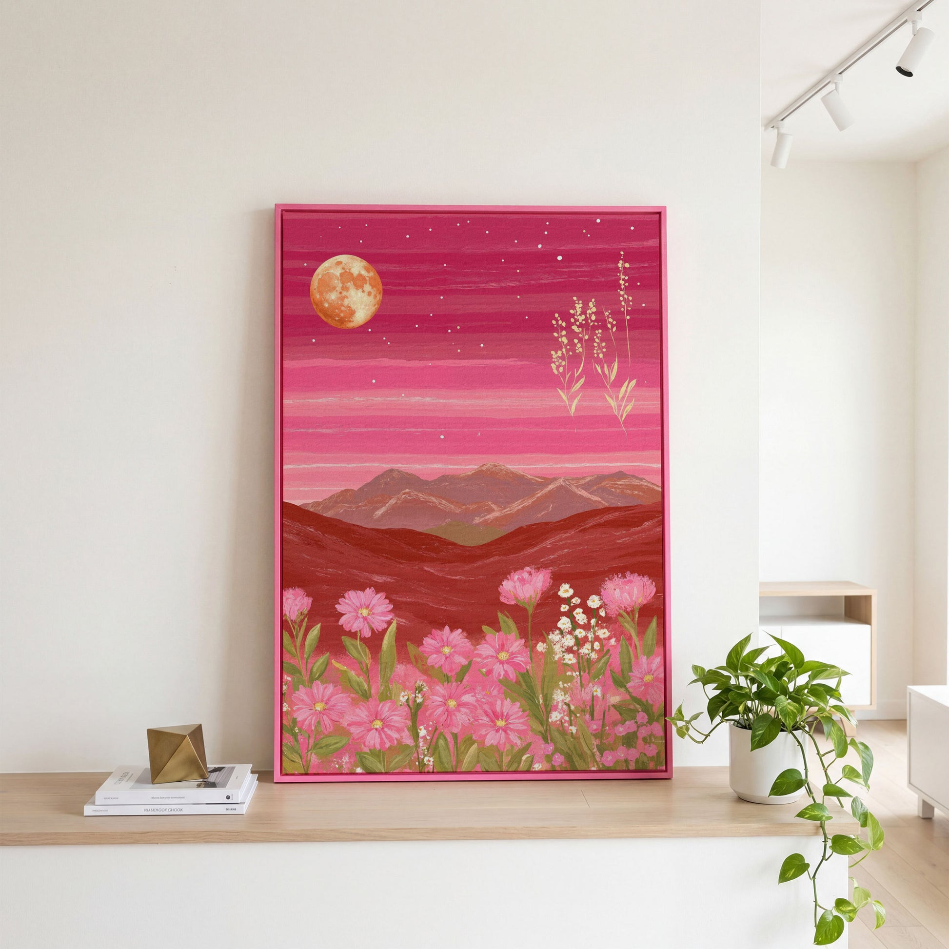 Pink Mountain Landscape Canvas in pink floating frame