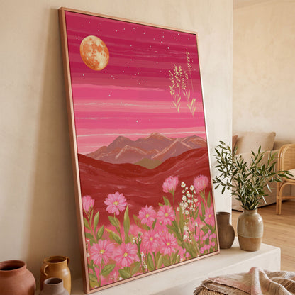 Pink Mountain Landscape Canvas in rose gold floating frame