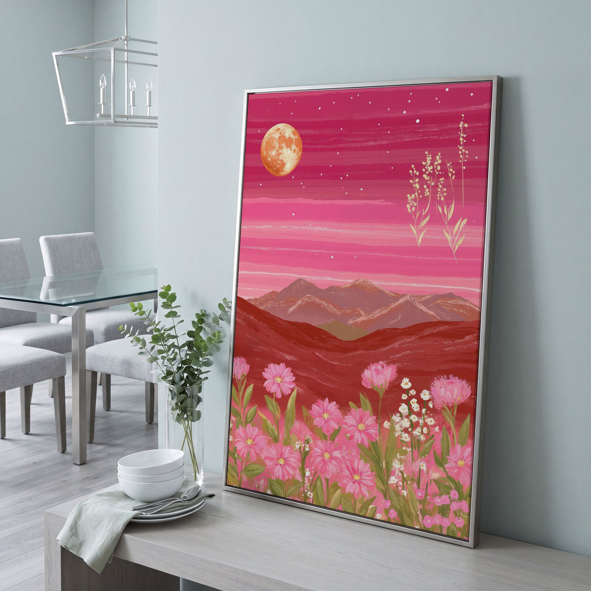 Pink Mountain Landscape Canvas in silver floating frame
