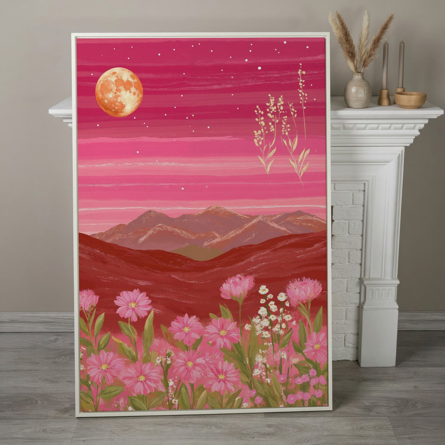 Pink Mountain Landscape Canvas in white floating frame