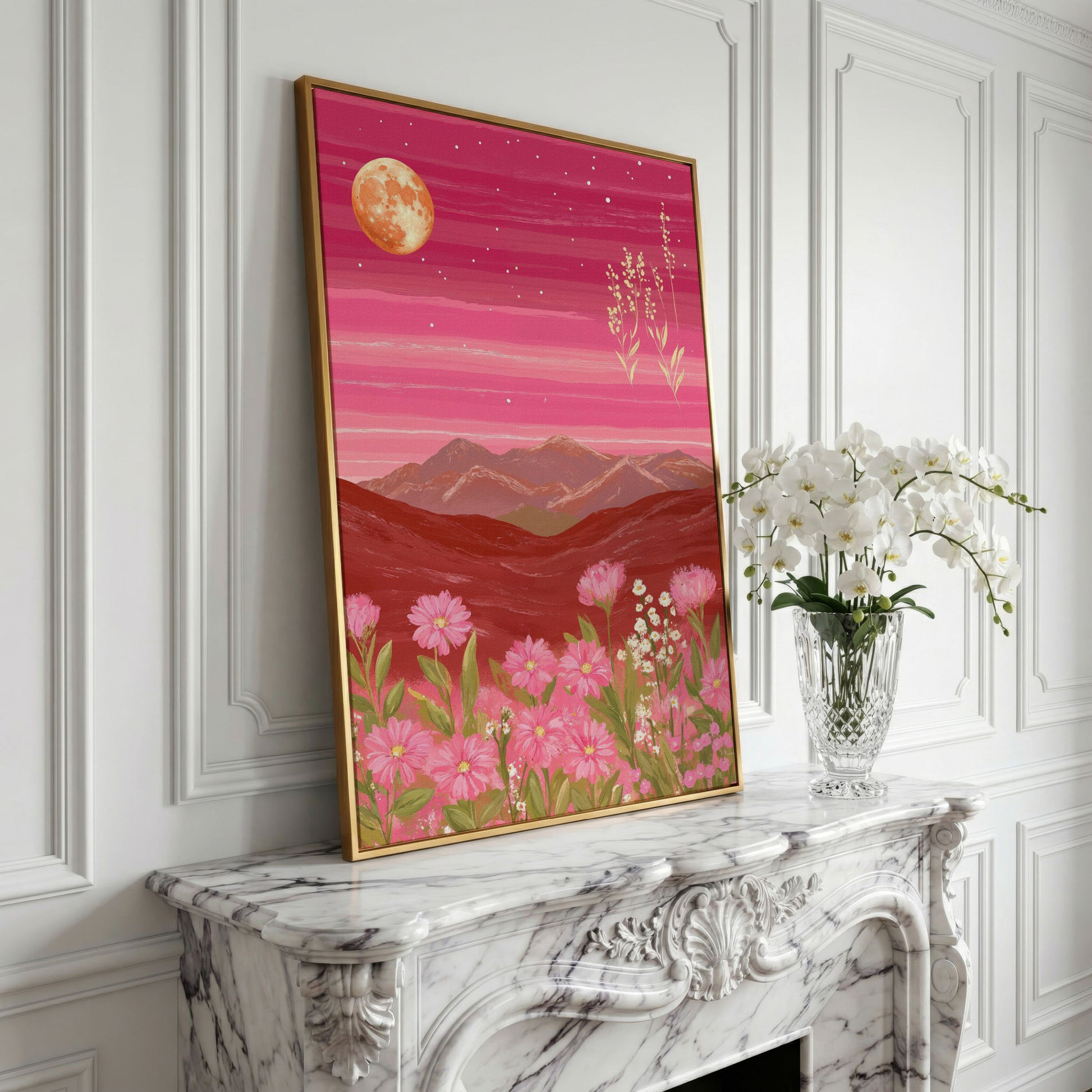 Pink Mountain Landscape Canvas in yellow gold floating frame