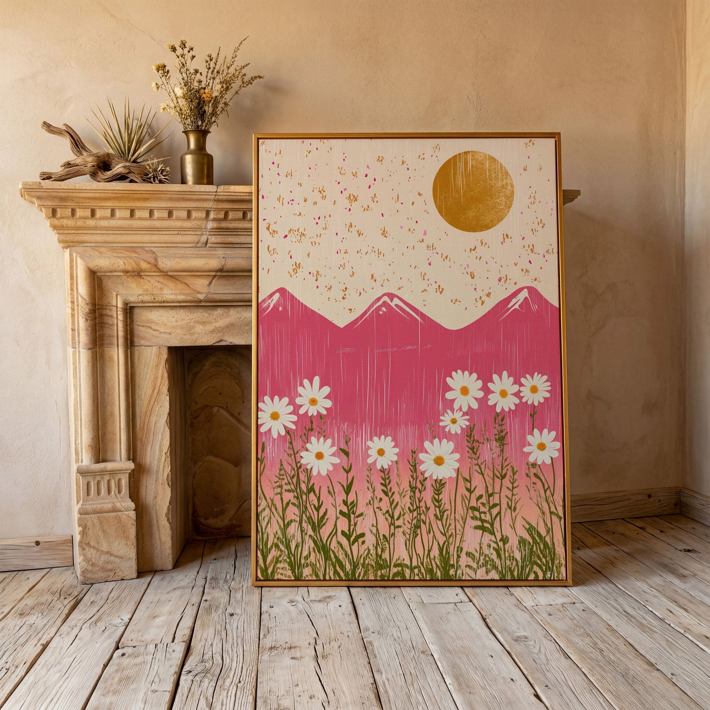 Boho Pink Mountain with Golden Sun Canvas in antique gold floating frame