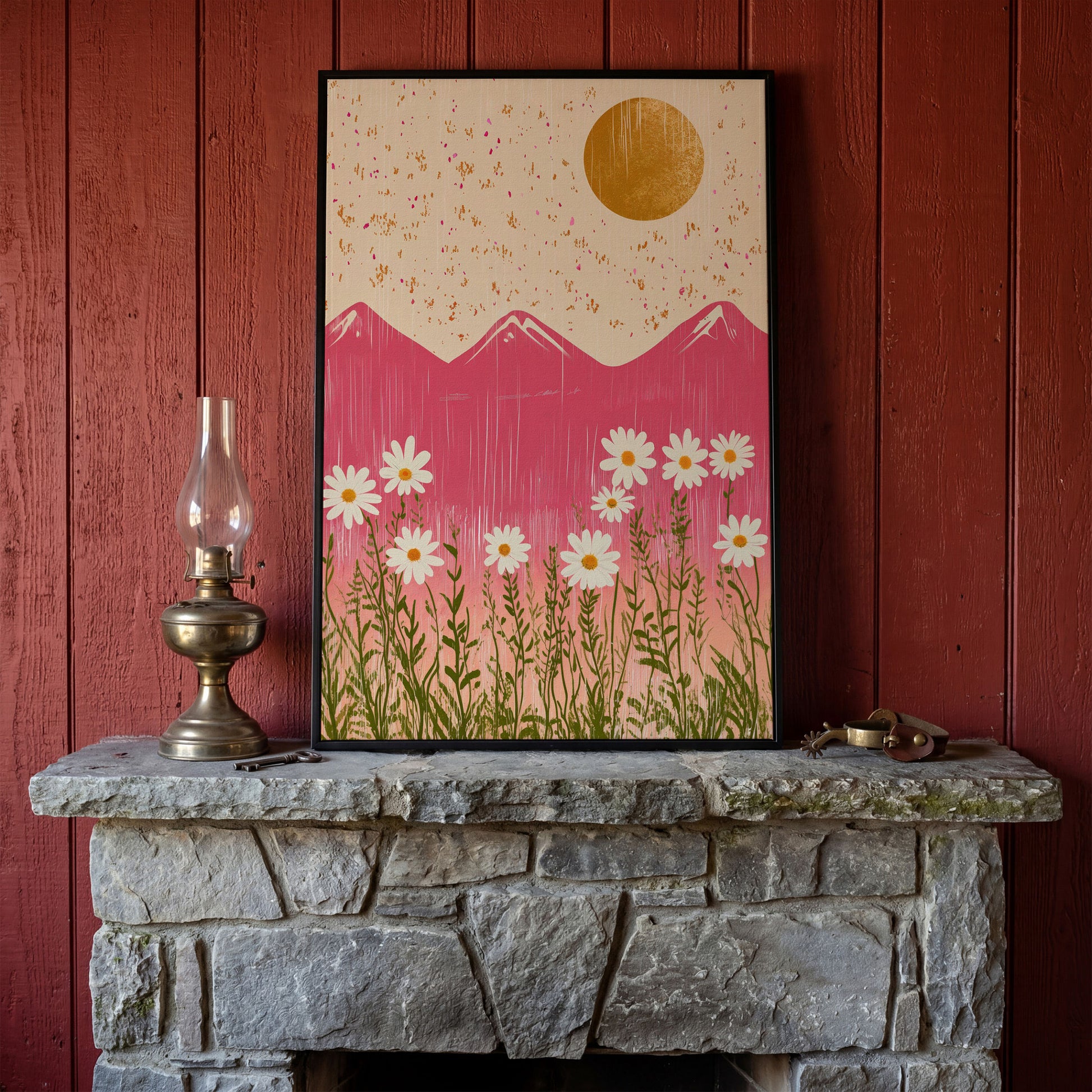 Boho Pink Mountain with Golden Sun Canvas in black floating frame
