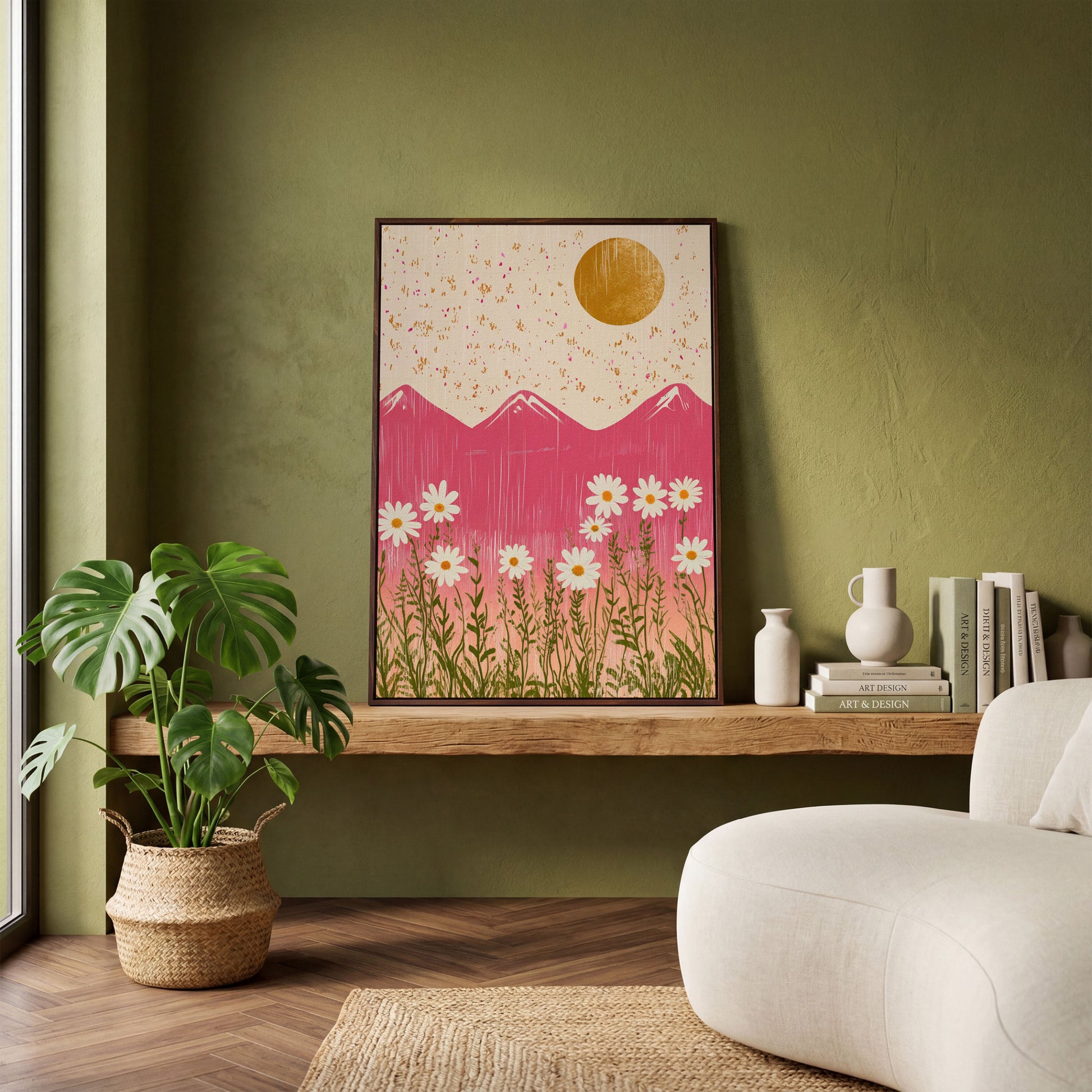 Boho Pink Mountain with Golden Sun Canvas in dark walnut floating frame