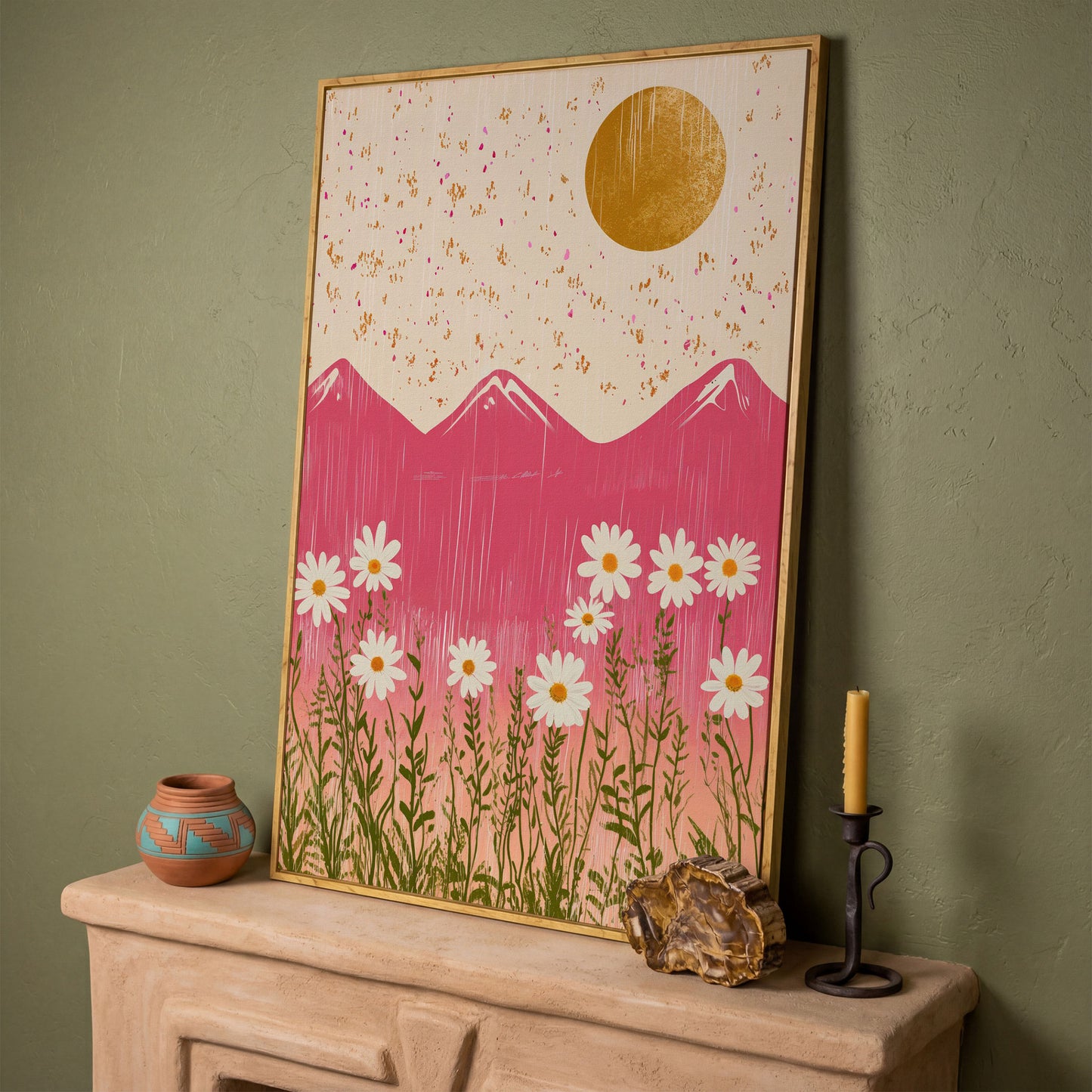 Boho Pink Mountain with Golden Sun Canvas in white oak floating frame