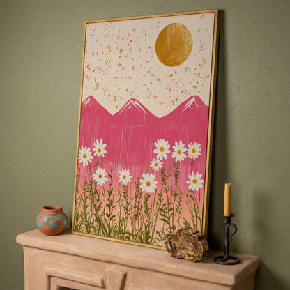 Boho Pink Mountain with Golden Sun Canvas in white oak floating frame