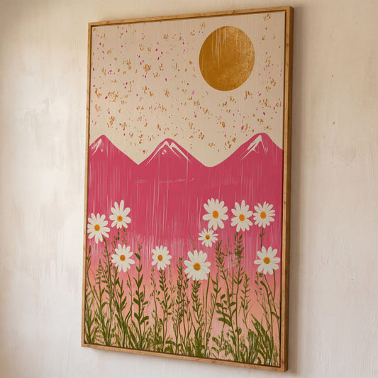 Boho Pink Mountain with Golden Sun Canvas shown in white oak floating frame