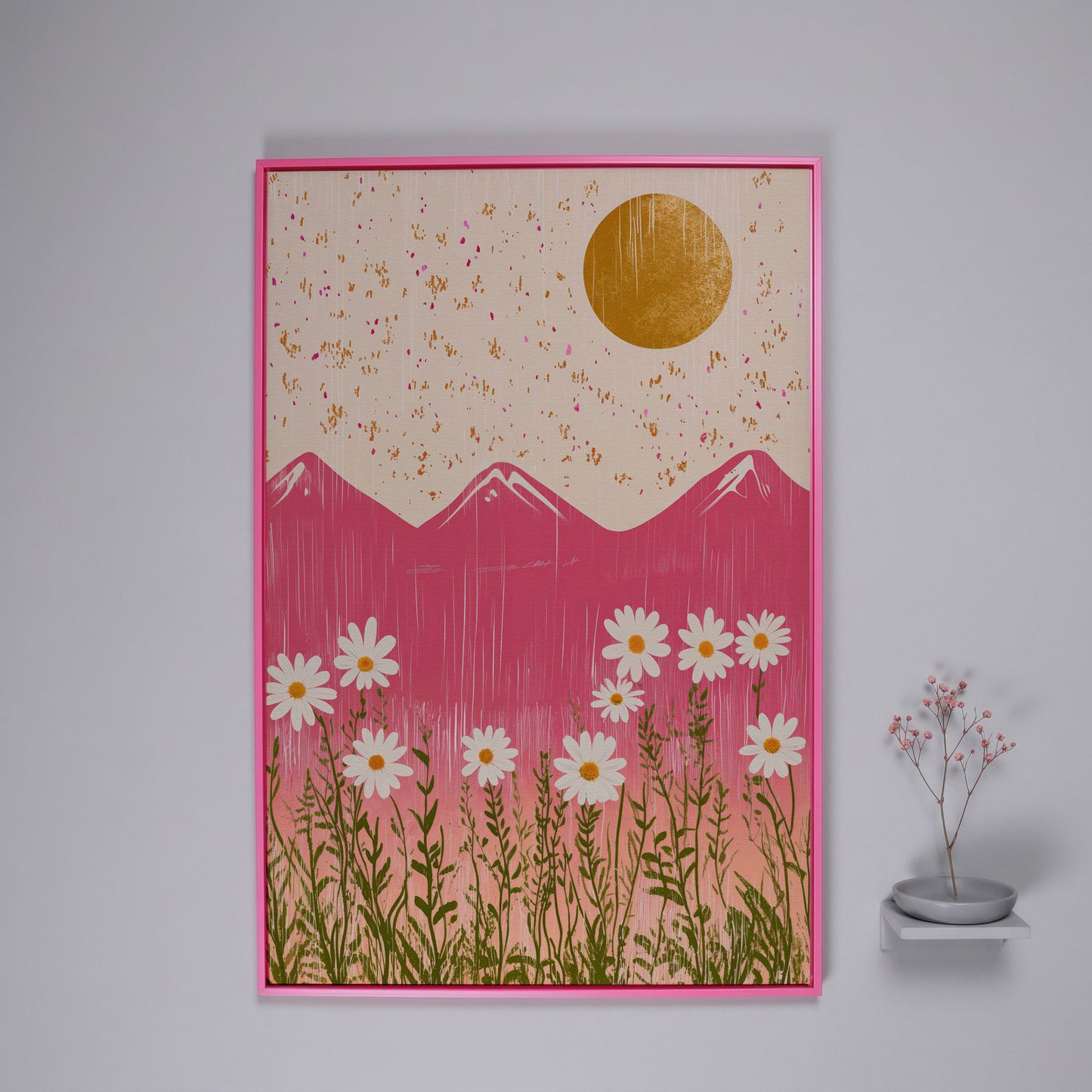 Boho Pink Mountain with Golden Sun Canvas in pink floating frame