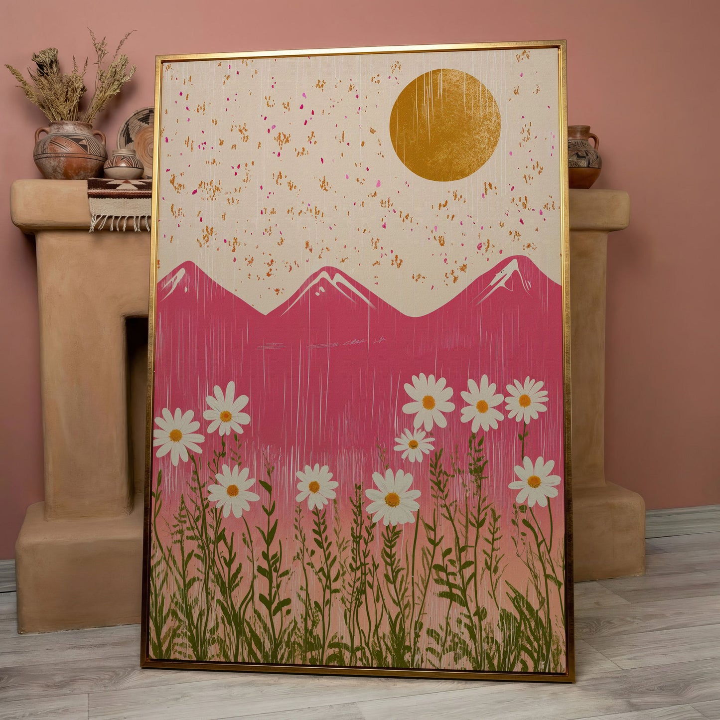 Boho Pink Mountain with Golden Sun Canvas in rose gold floating frame