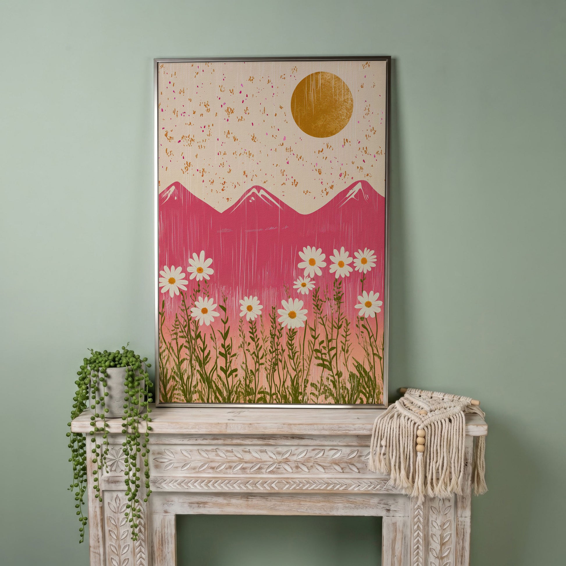 Boho Pink Mountain with Golden Sun Canvas in silver floating frame