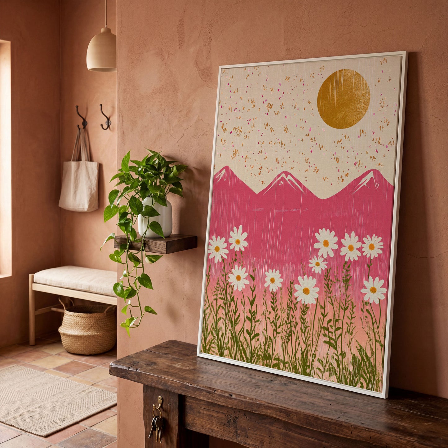 Boho Pink Mountain with Golden Sun Canvas in white floating frame