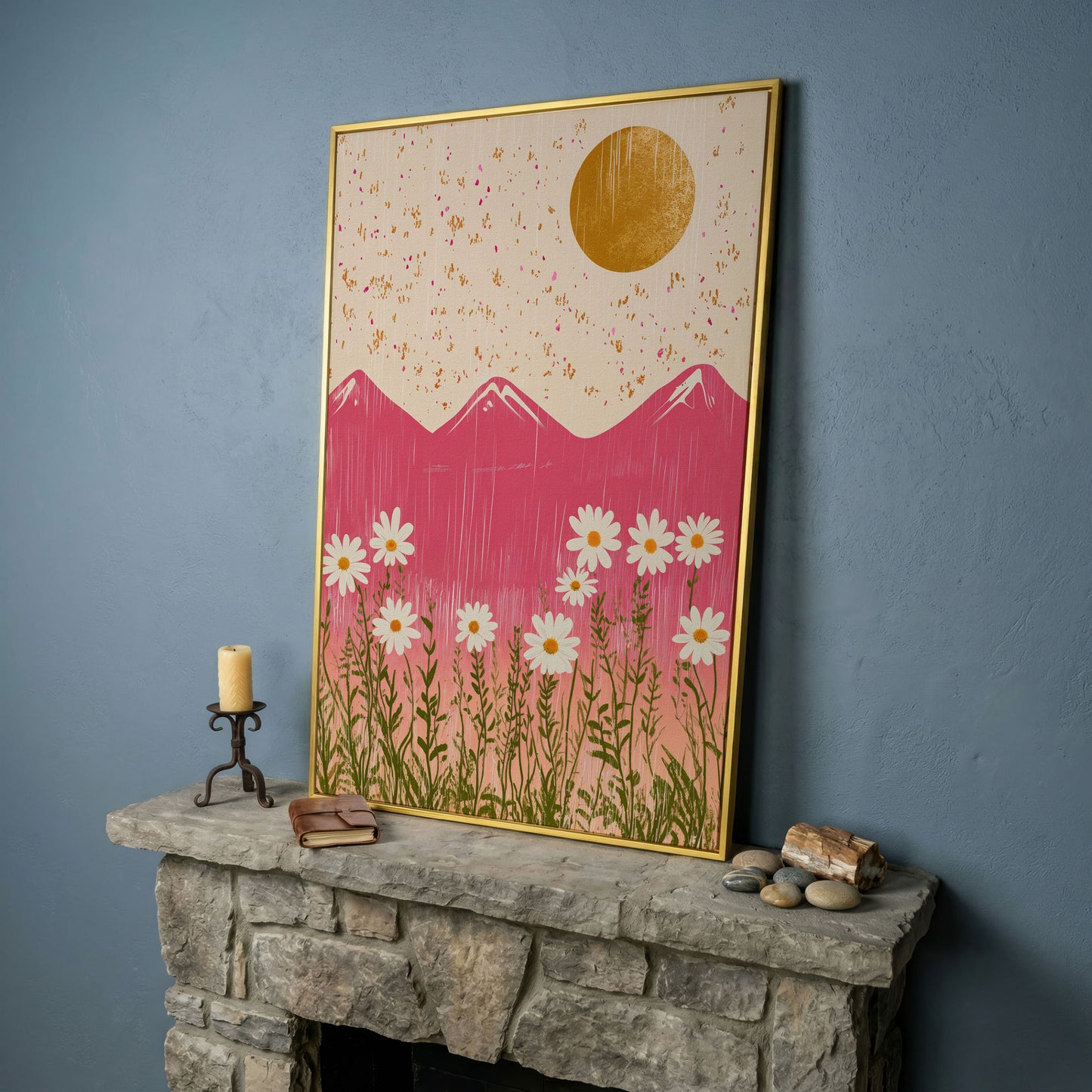 Boho Pink Mountain with Golden Sun Canvas in yellow gold floating frame