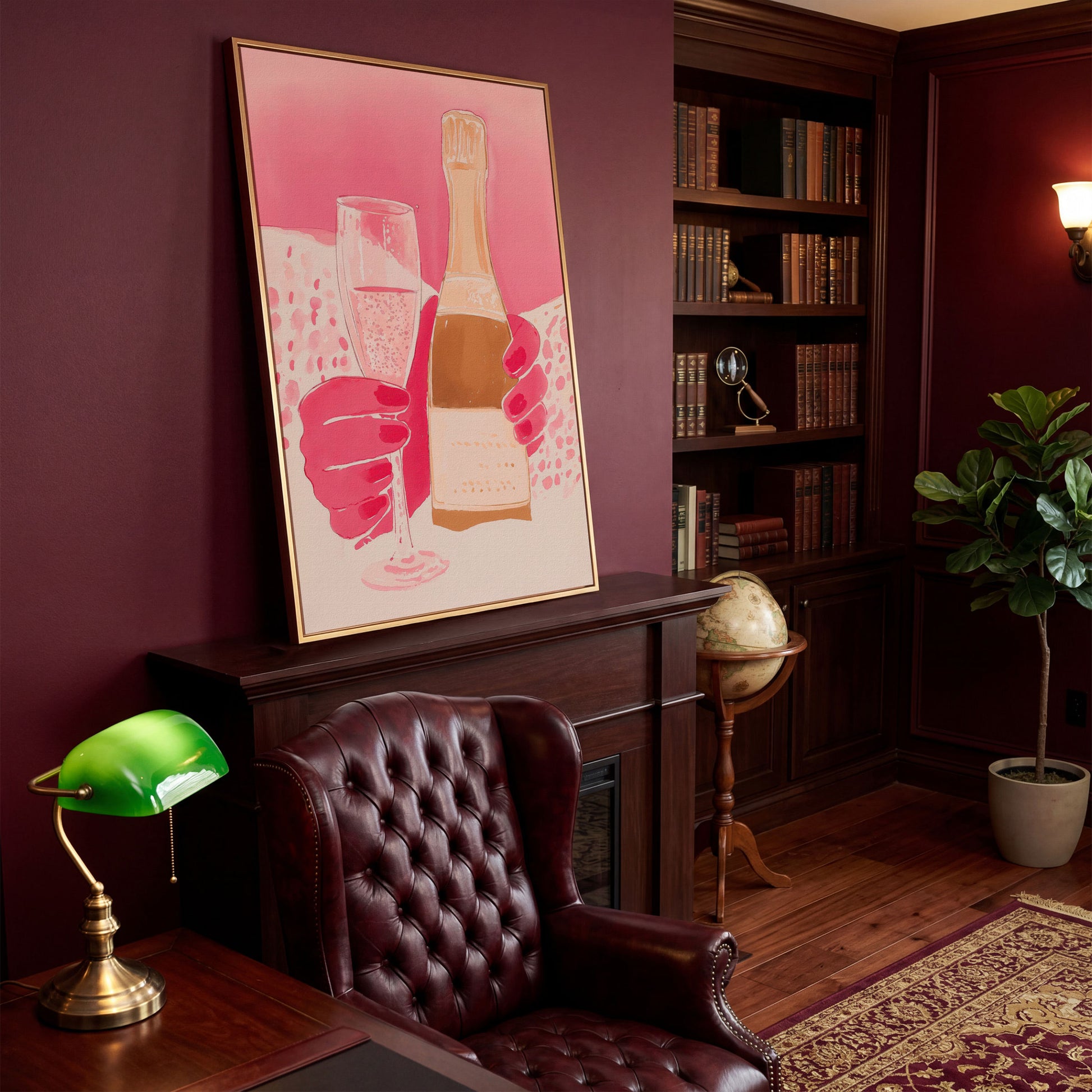 Pink Champagne Glass & Bottle Canvas in antique gold floating frame