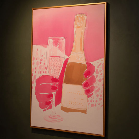 Pink Champagne Glass & Bottle Canvas shown in antique gold floating frame