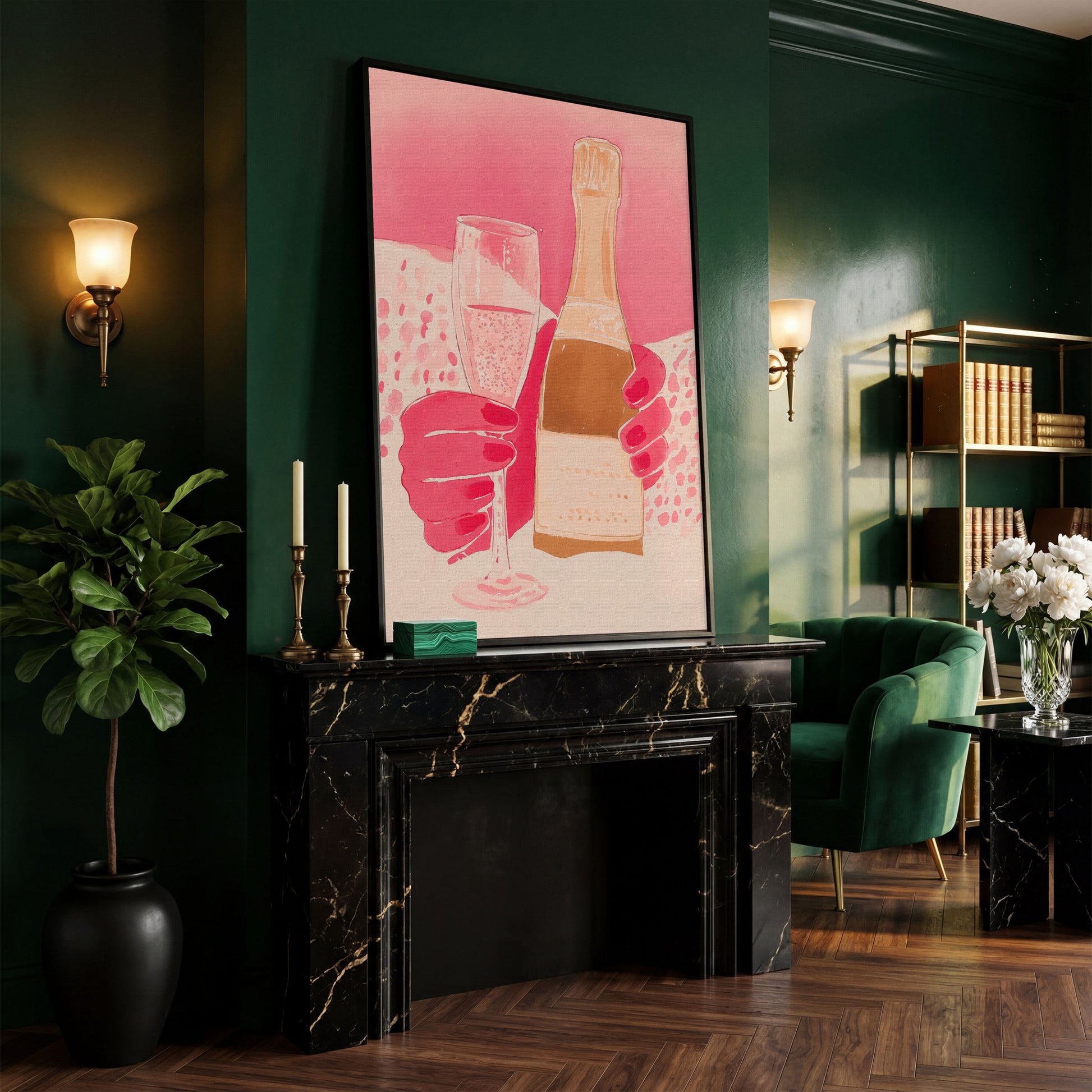 Pink Champagne Glass & Bottle Canvas in black floating frame