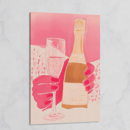 Pink Champagne Glass & Bottle Canvas on gallery wrap