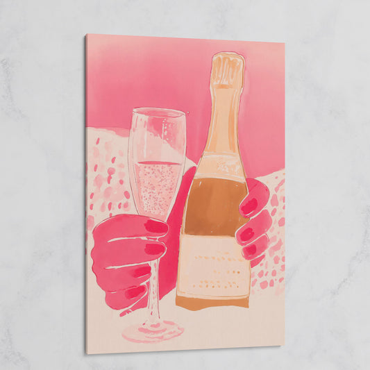 Pink Champagne Glass & Bottle Canvas on gallery wrap