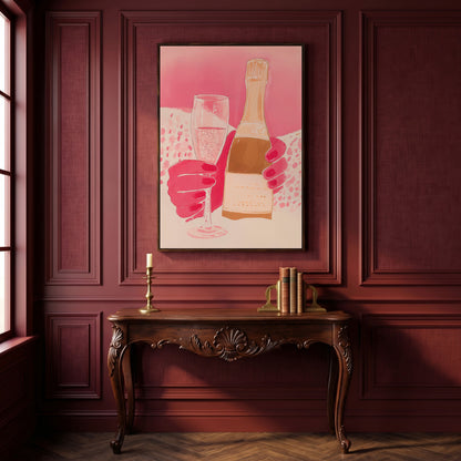 Pink Champagne Glass & Bottle Canvas in dark walnut floating frame