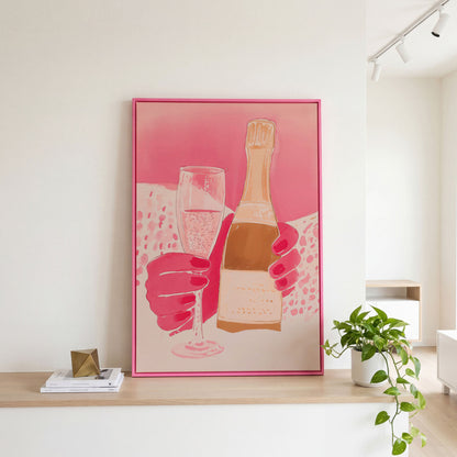 Pink Champagne Glass & Bottle Canvas in pink floating frame