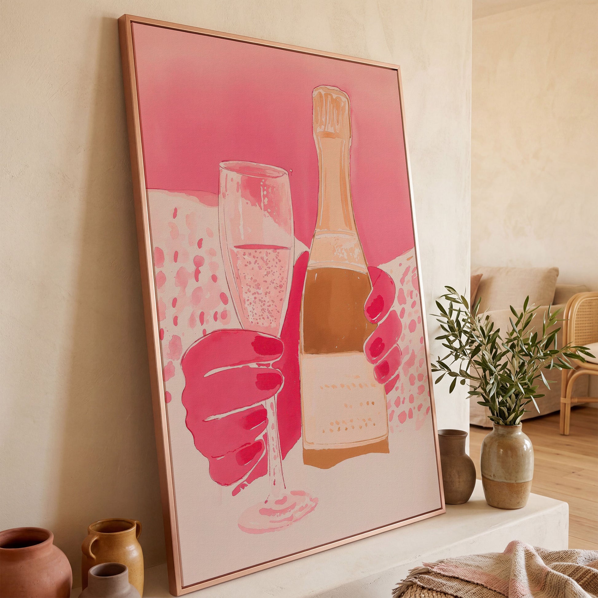 Pink Champagne Glass & Bottle Canvas in rose gold floating frame