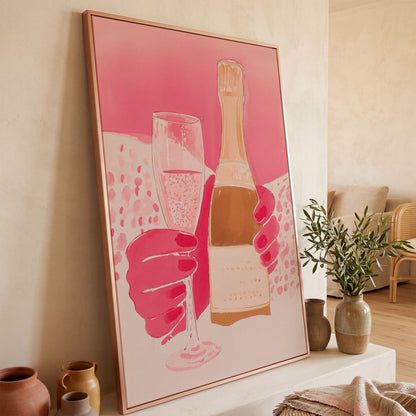 Pink Champagne Glass & Bottle Canvas in rose gold floating frame