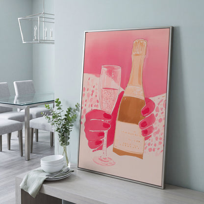 Pink Champagne Glass & Bottle Canvas in silver floating frame