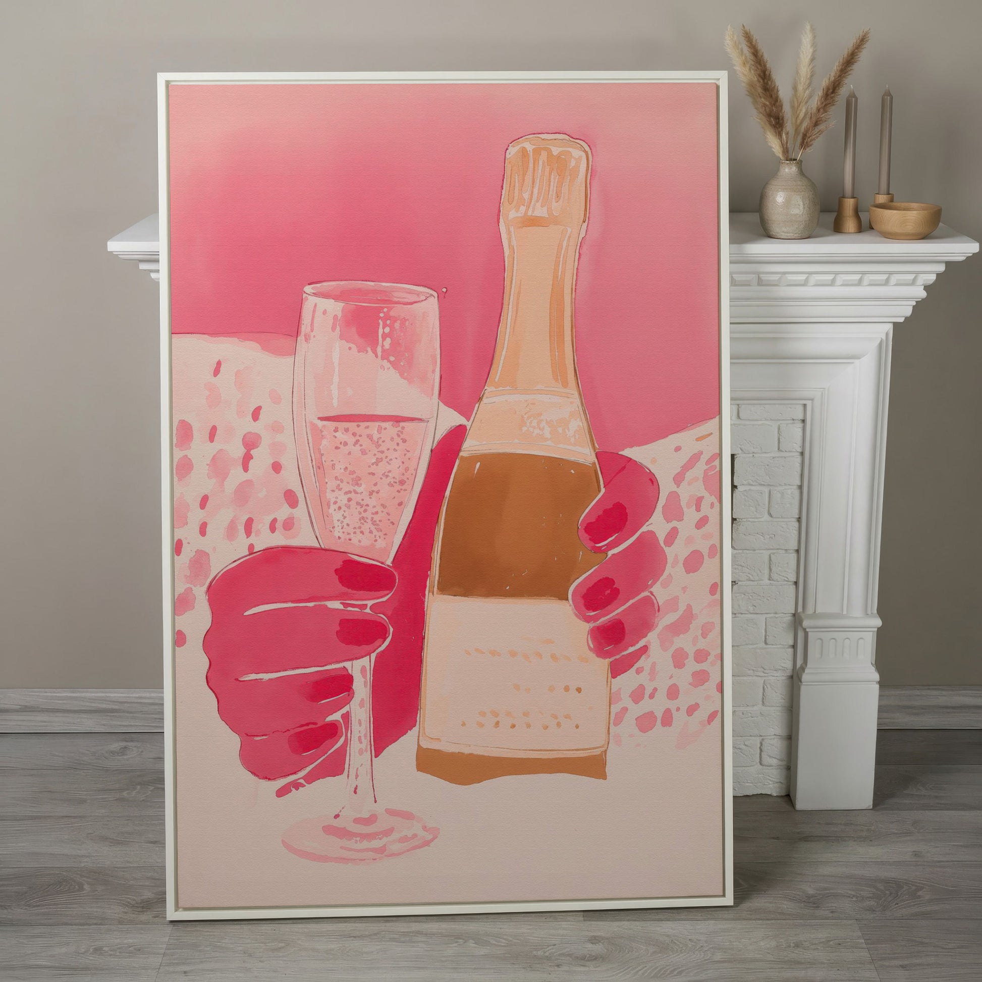 Pink Champagne Glass & Bottle Canvas in white floating frame