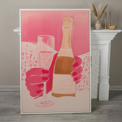 Pink Champagne Glass & Bottle Canvas in white floating frame