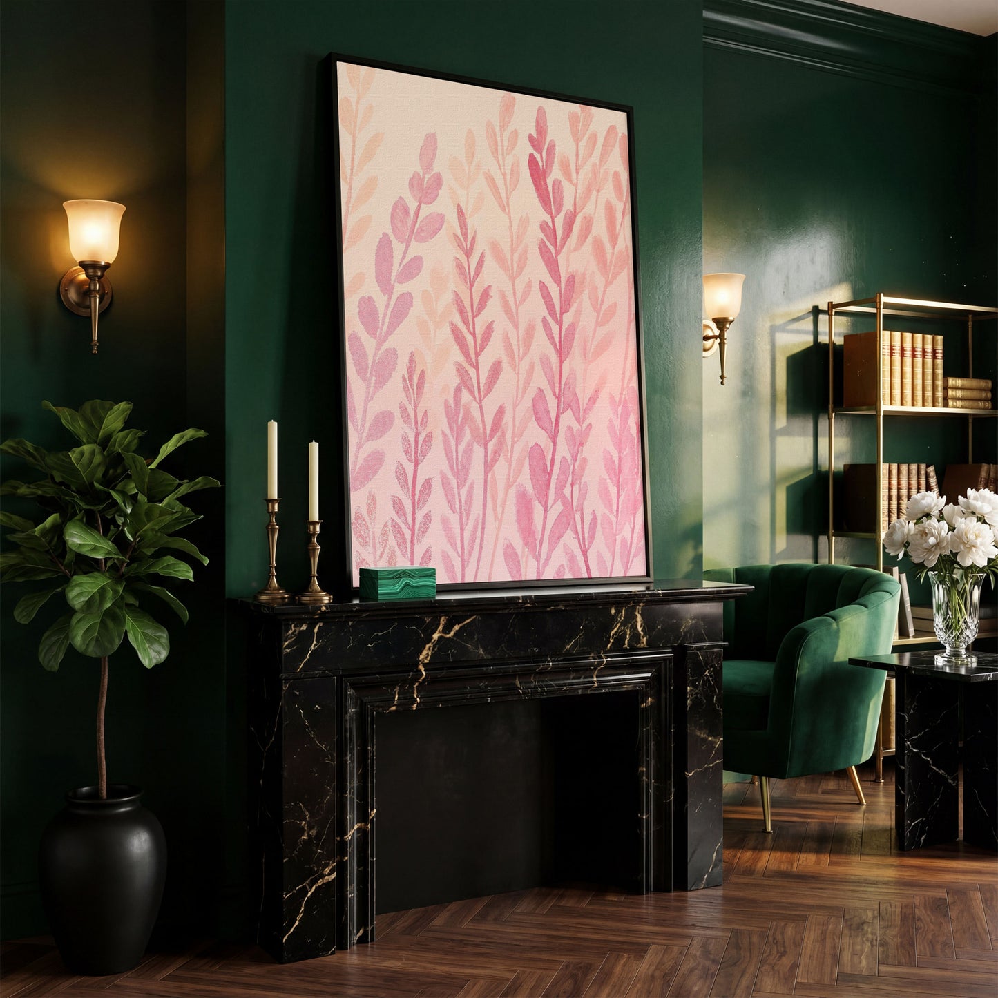 Pink Floral Canvas Print for Preppy Bedroom Decor in black floating frame