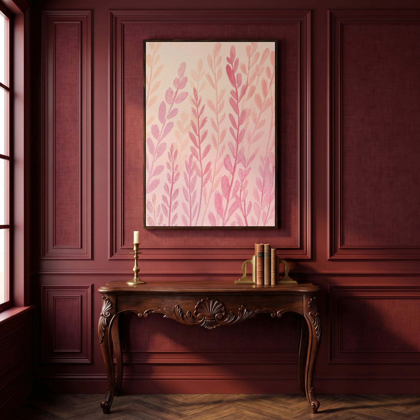Pink Floral Canvas Print for Preppy Bedroom Decor in dark walnut floating frame
