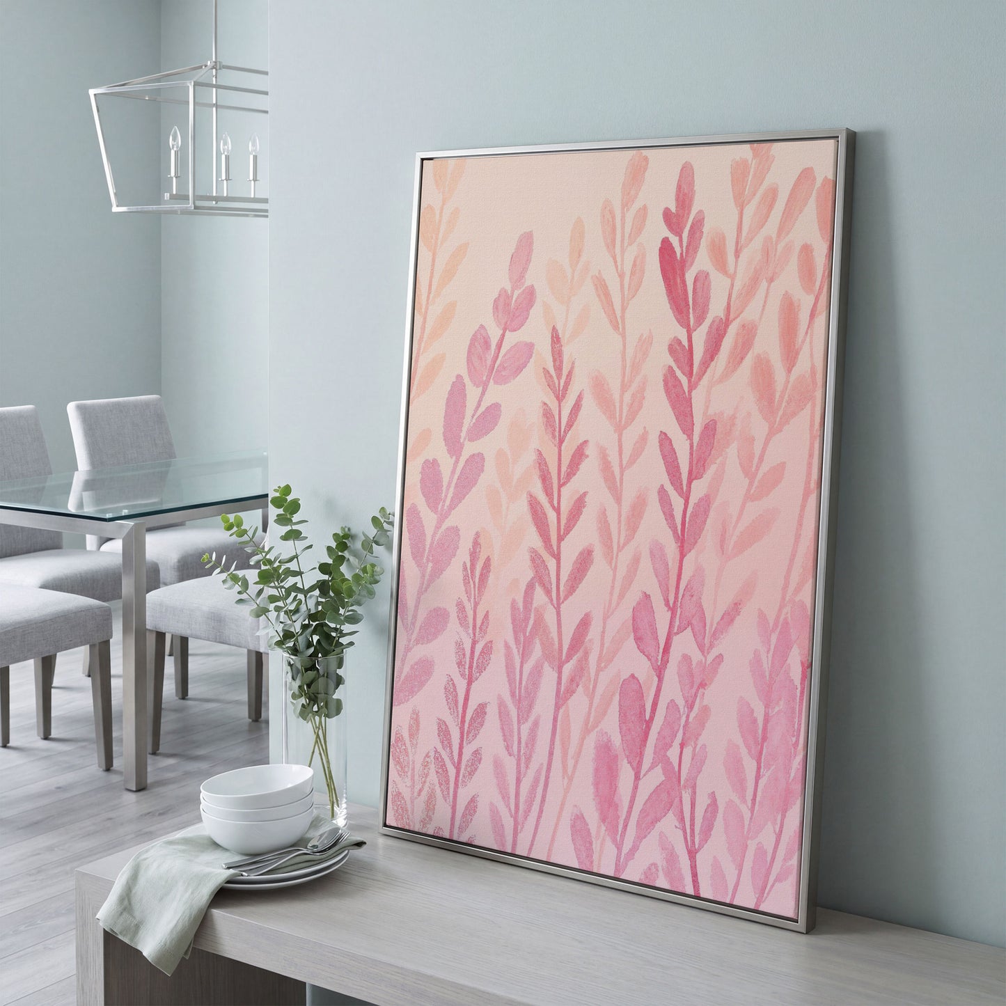 Pink Floral Canvas Print for Preppy Bedroom Decor in silver floating frame