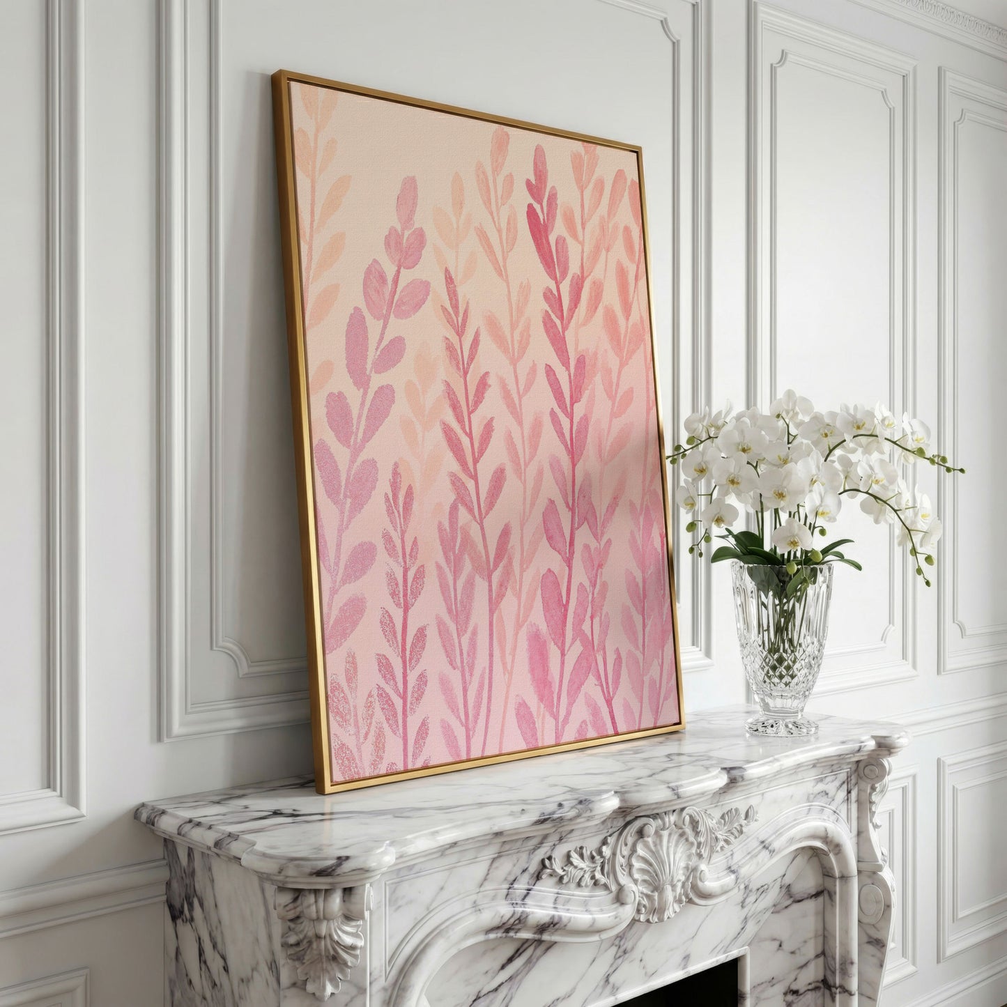 Pink Floral Canvas Print for Preppy Bedroom Decor in yellow gold floating frame