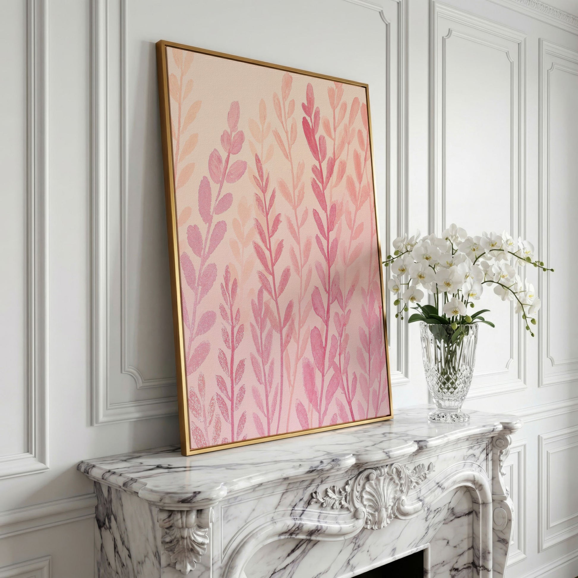 Pink Floral Canvas Print for Preppy Bedroom Decor in yellow gold floating frame