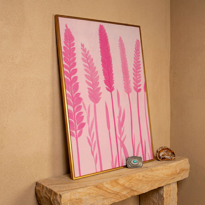 Pink Floral Stalks Canvas in antique gold floating frame