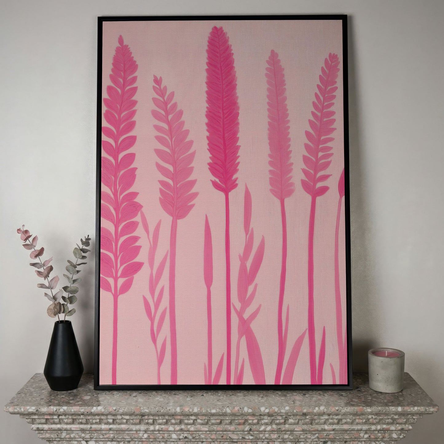 Pink Floral Stalks Canvas in black floating frame