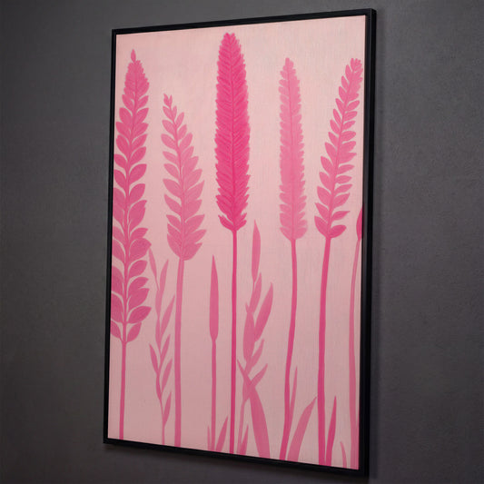 Pink Floral Stalks Canvas shown in black floating frame