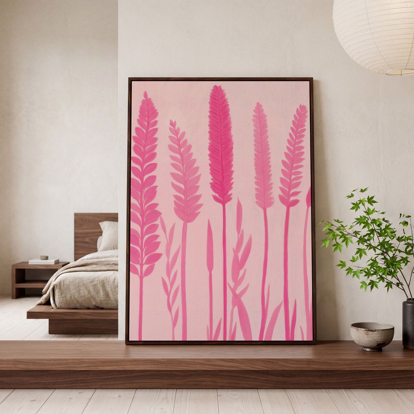 Pink Floral Stalks Canvas in dark walnut floating frame